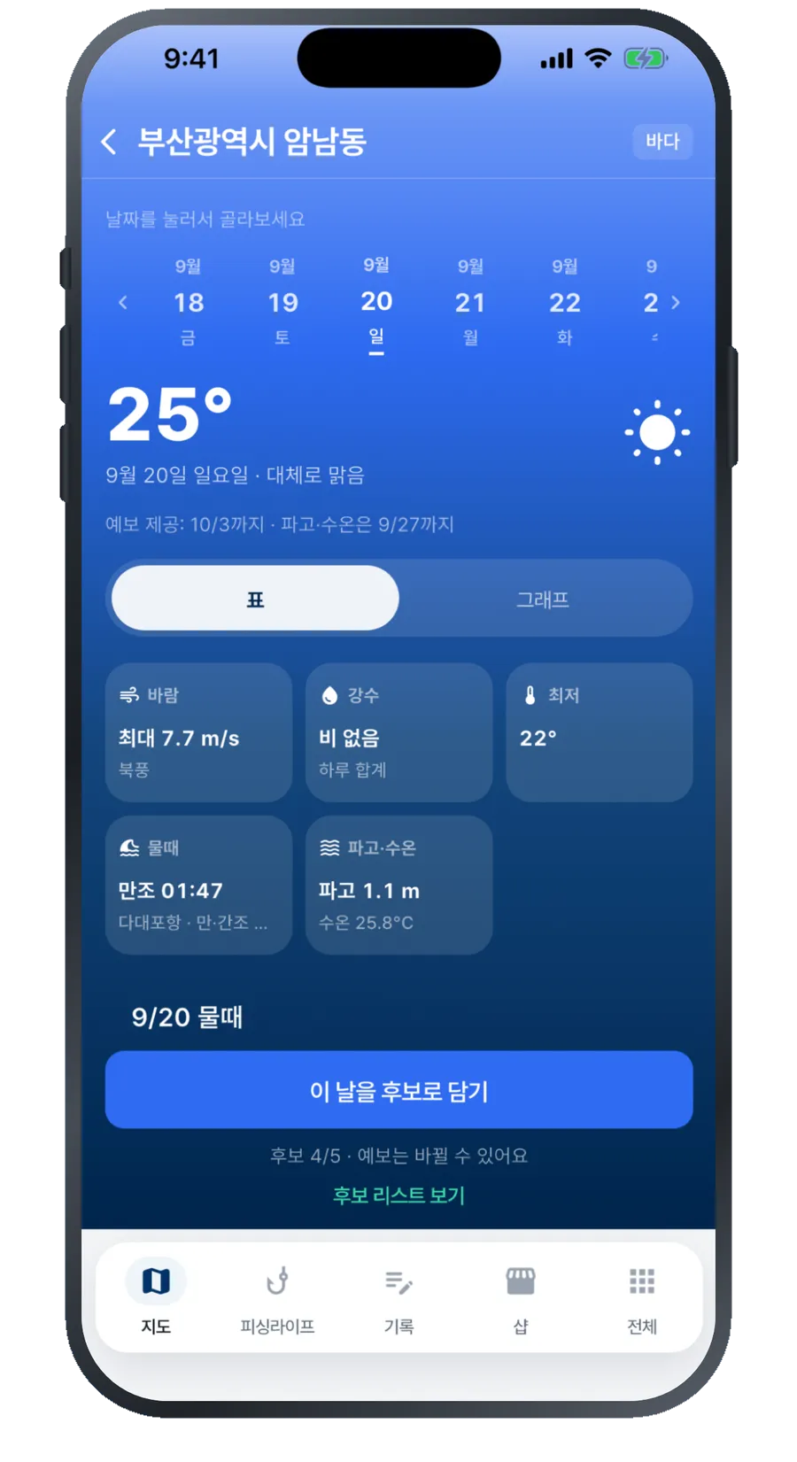 낚맛 앱 화면 — 날짜별 날씨와 물때를 비교하는 출조 플래너
