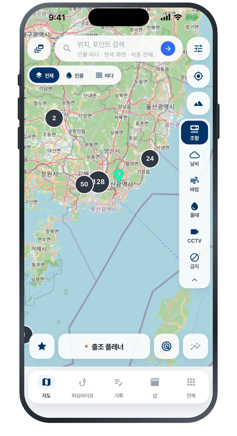 낚맛 지도 화면. 오른쪽에 레이어 막대가 있고 지도 위에 조황 숫자가 떠 있다.